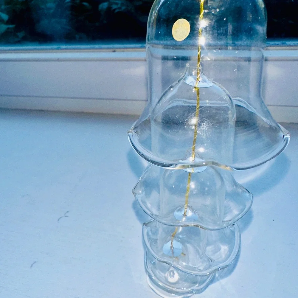 Vintage Hand Blown Clear Glass Tiered Bell Ornament Gold String 4 Nested Bells